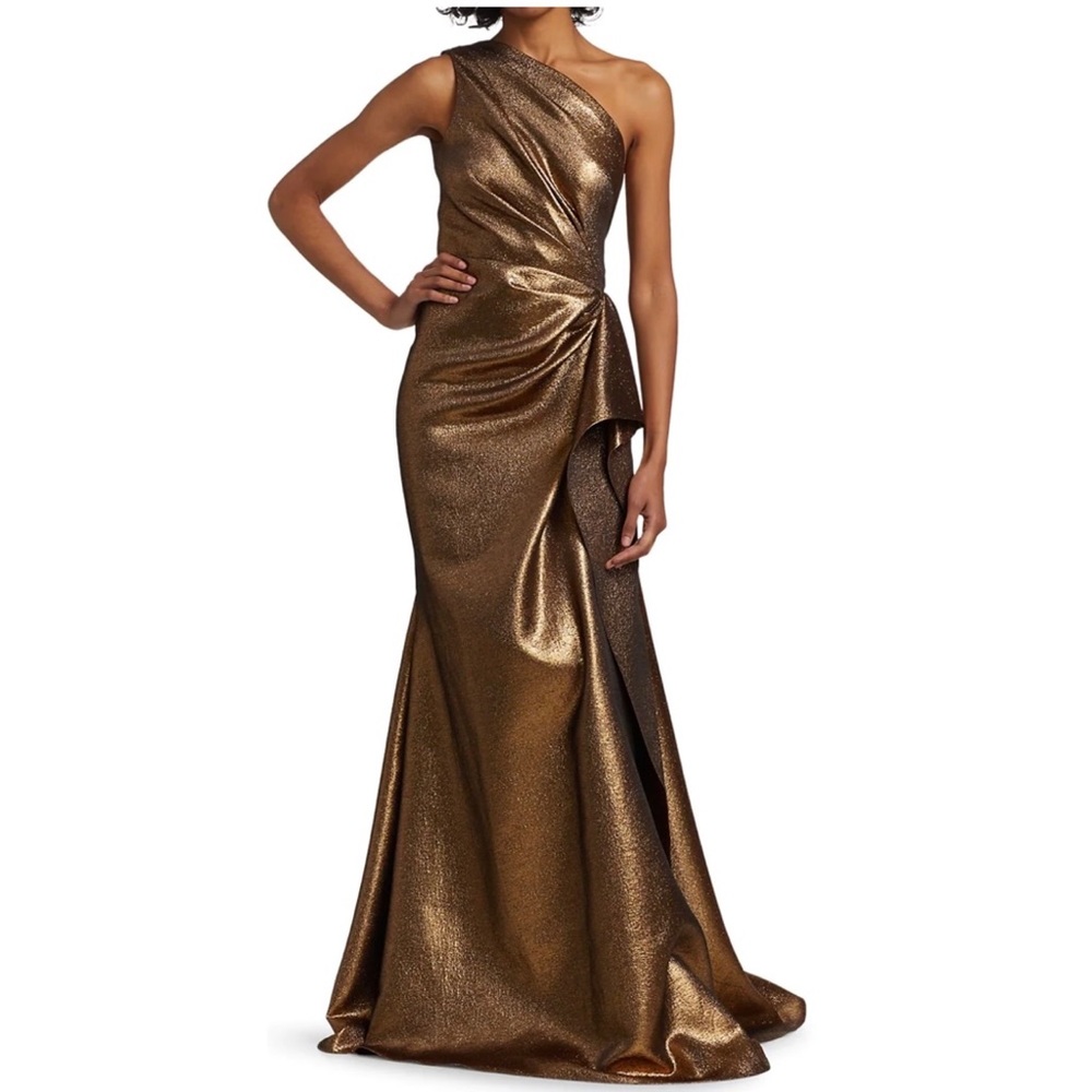 REEM ACRA METALLIC ONE SHOULDER GOWN